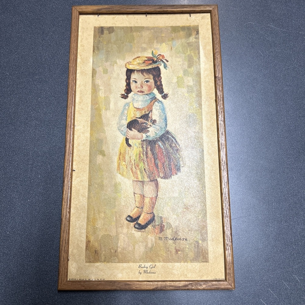 Mid Century Medeiros Girl with Cat Big Eye Wall Art